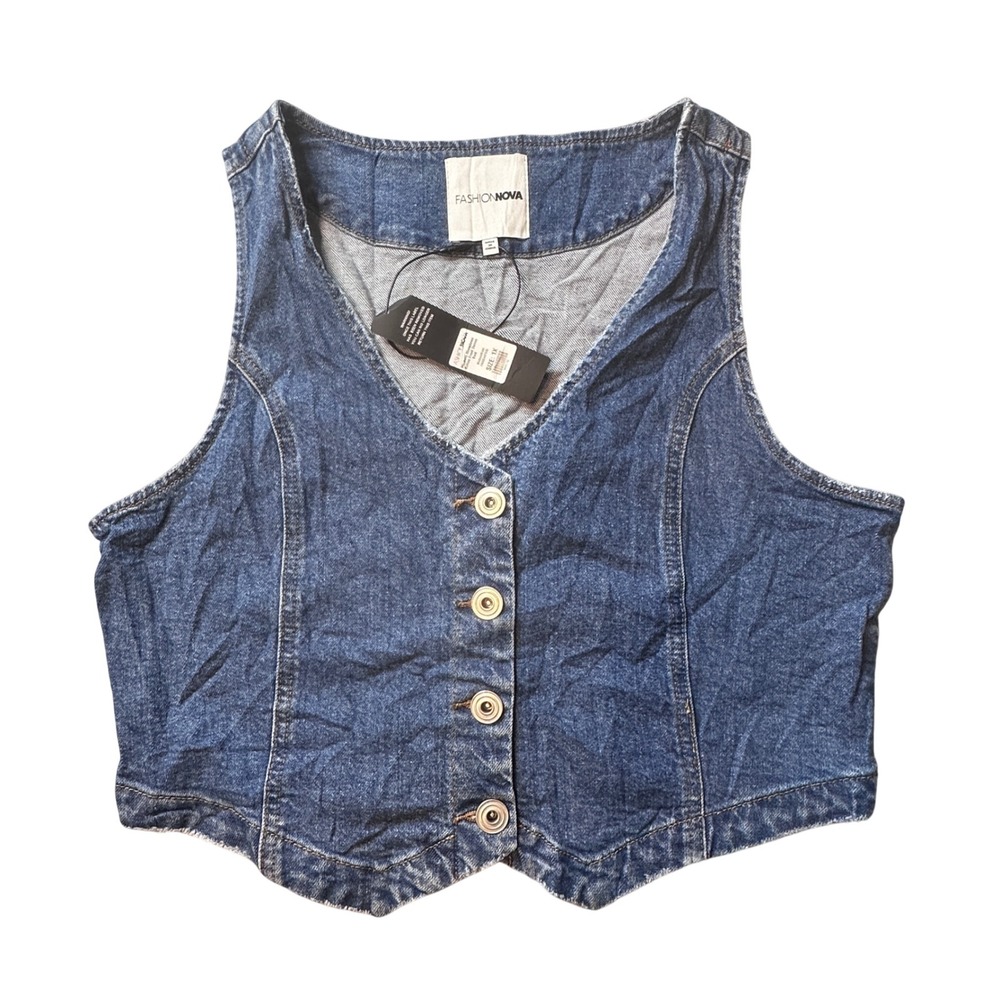 Fashion Nova Vest Girls 1X Blue Western Showdown Button Front Denim Cropped